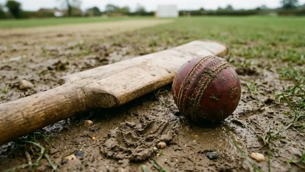 A simple wooden bat and hand-sewn cricket ball on mud