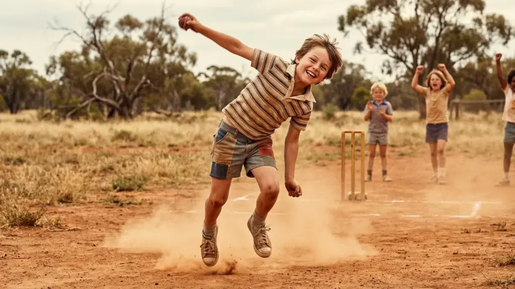 A smiling kid bowling with full energy on a dirt pitch