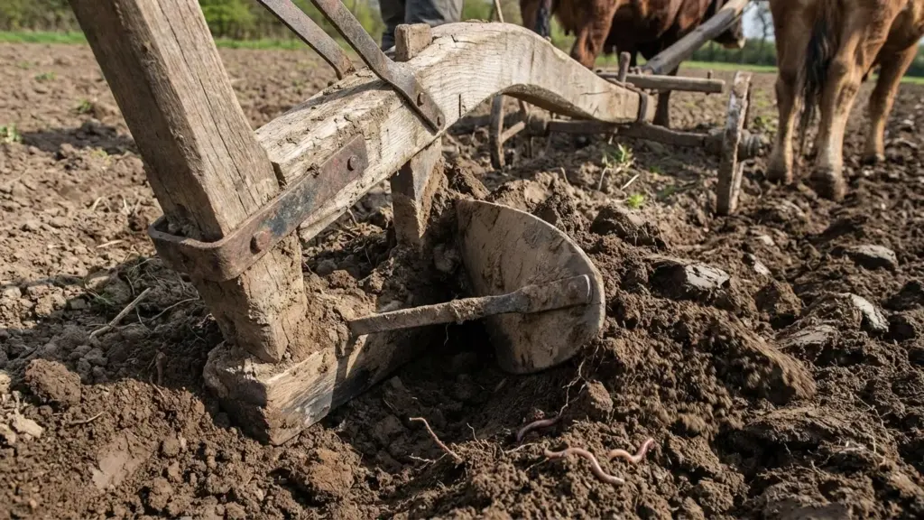Close-up of a wooden plough cutting through soft soil