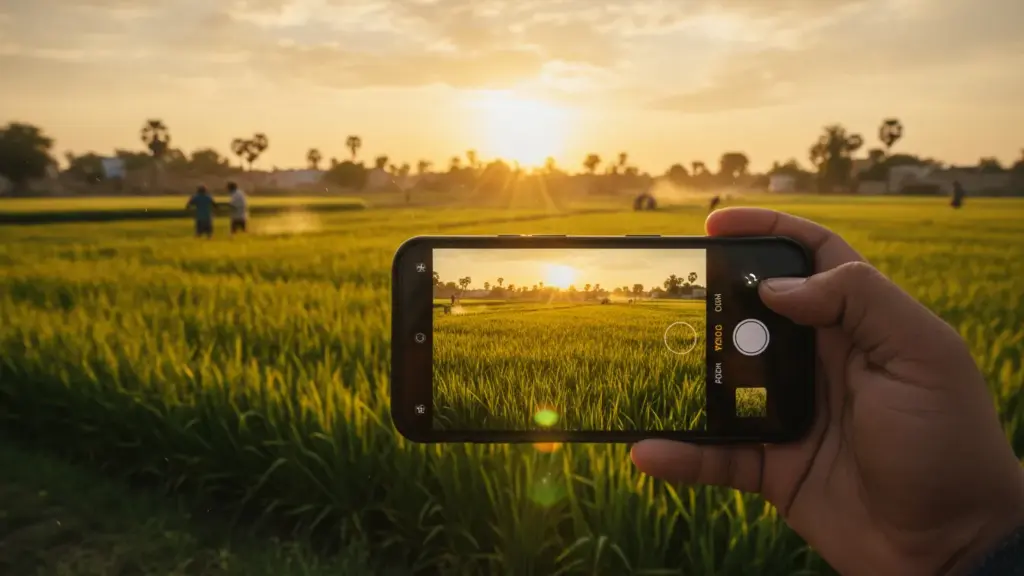 Close-up of phone camera capturing sunlight on crops, rural Indian field, cinematic feel