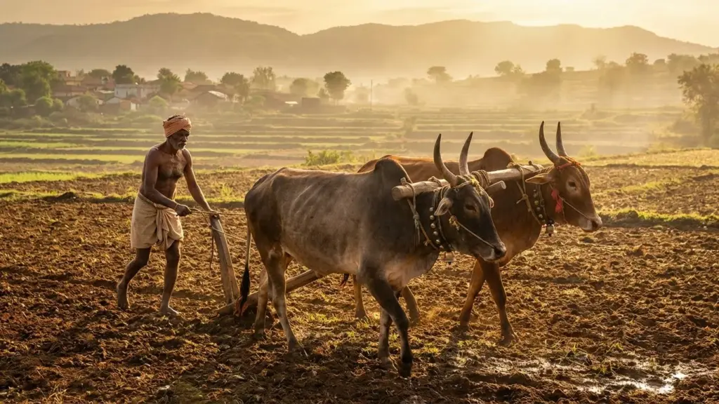 Indian Farmer plowing a field with two oxen in early morning light