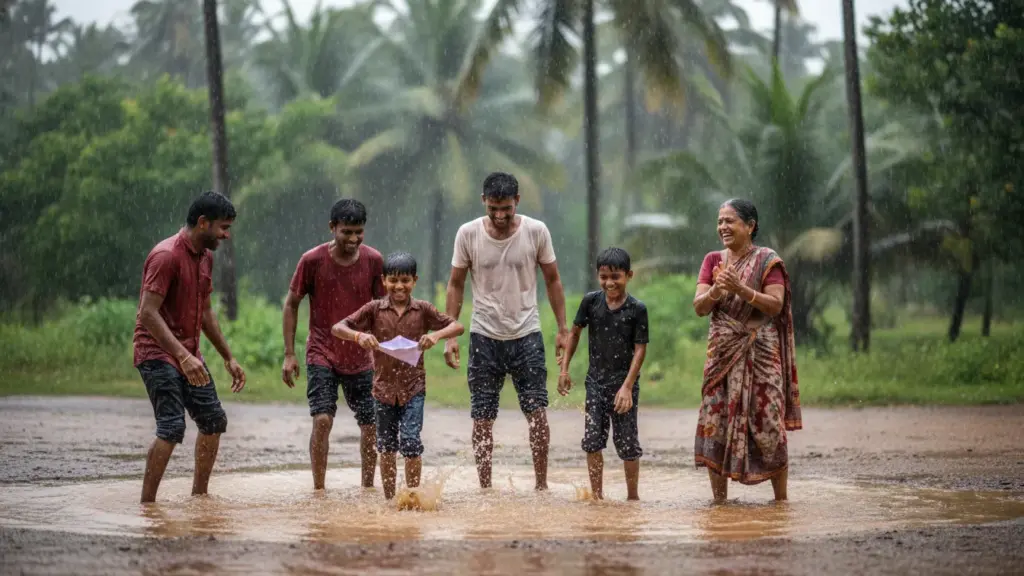Indian people playing in rain puddle