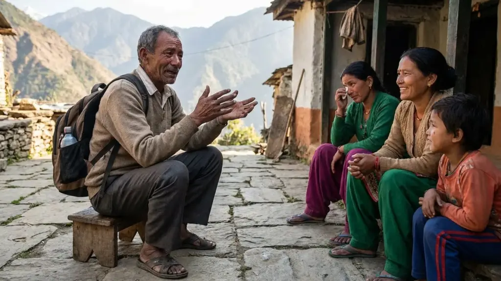 Indian traveler interacting with locals, emotional storytelling vibe, real scene