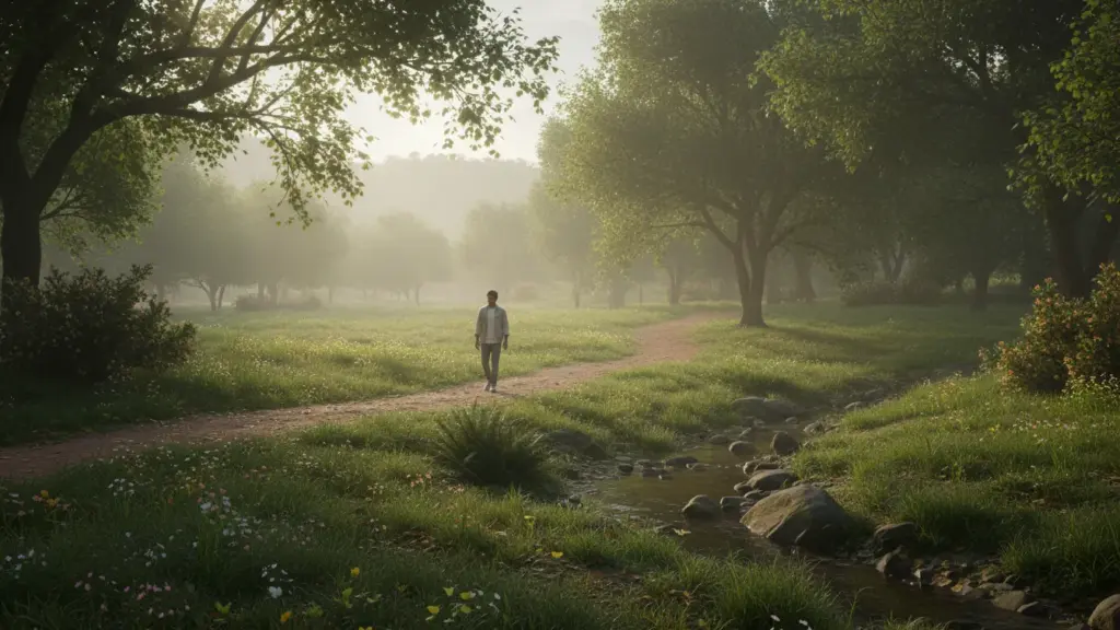 Indian young adult walking alone in a peaceful green park