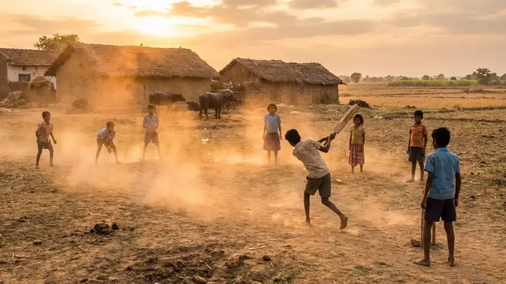 Kids playing cricket in a rural Indian village, sunset light, dusty ground