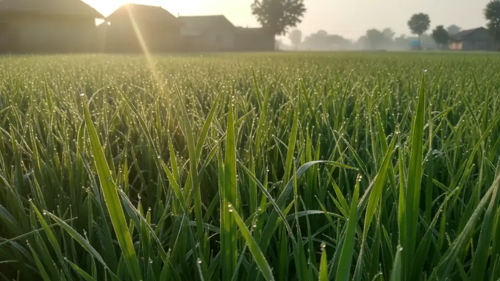 Morning sunlight on crops in an Indian village