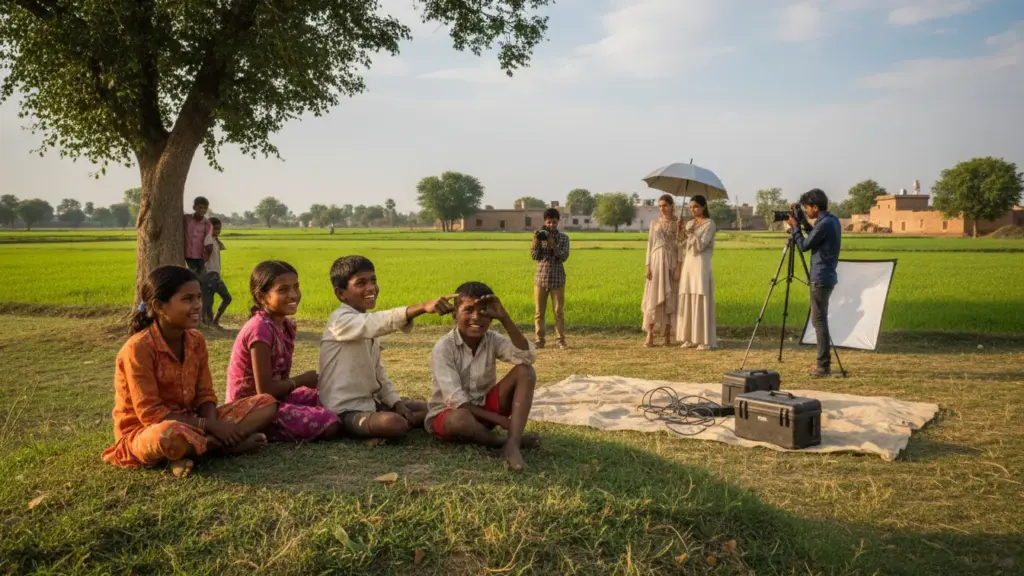 Village children watching a photoshoot in green fields, candid moment, real rural India