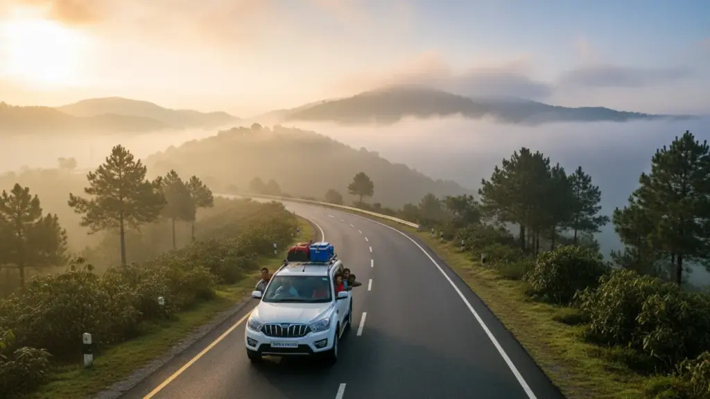 early morning Indian road trip to Nainital with hills